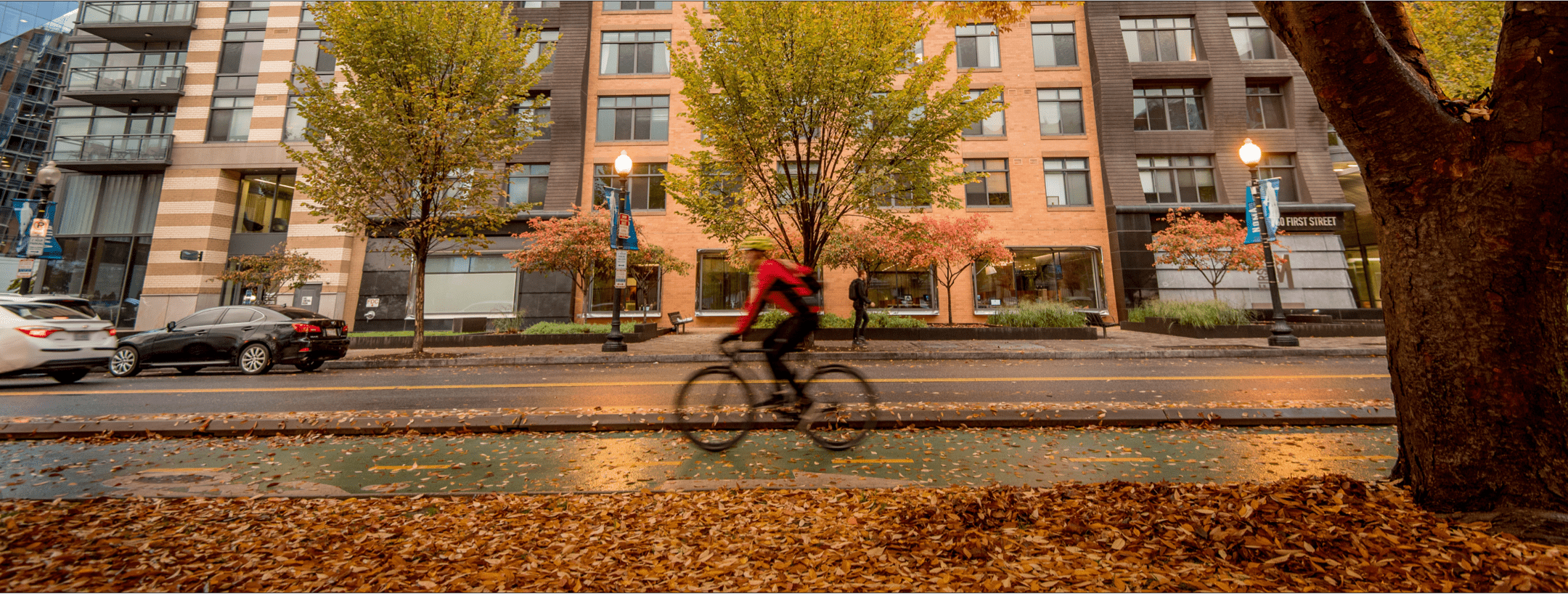 Person in red riding a bike in Autumn in the bike lane with tall buildings